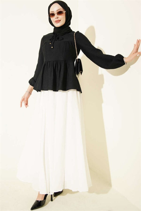 Black Blouse with Neckline Tie and Elastic Cuffs