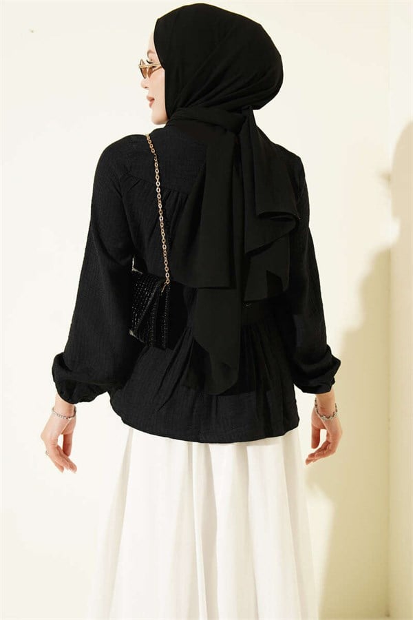 Black Blouse with Neckline Tie and Elastic Cuffs