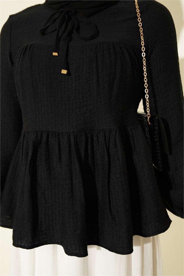 Black Blouse with Neckline Tie and Elastic Cuffs