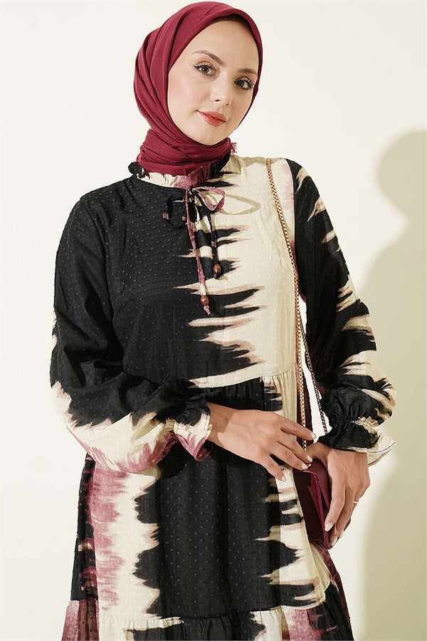 Patterned Dress with Neckline, Rose Pink