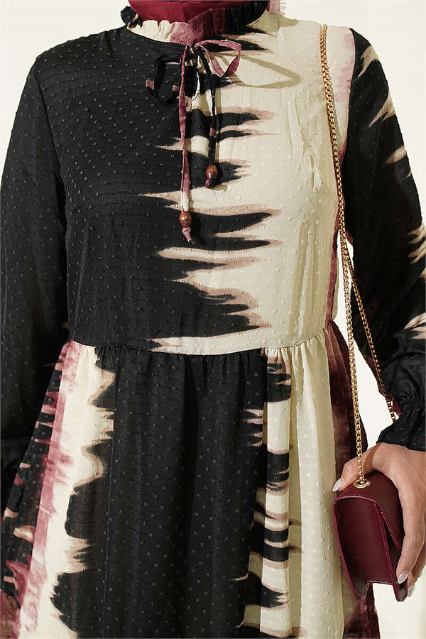 Patterned Dress with Neckline, Rose Pink