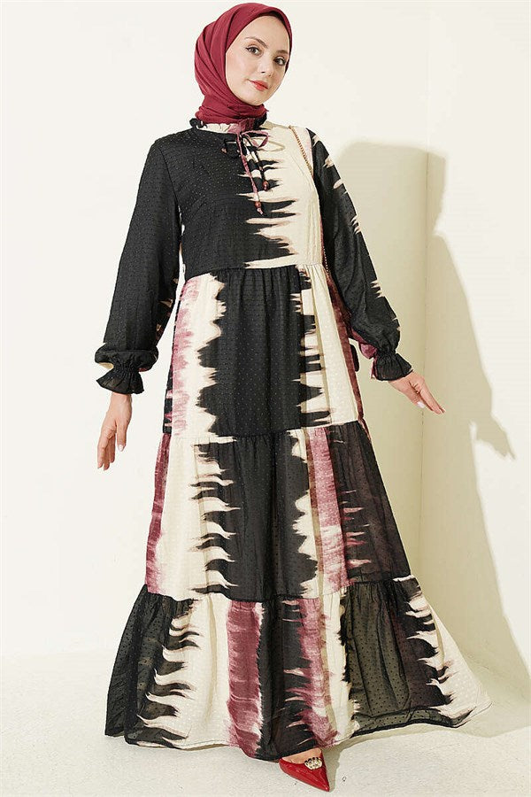 Patterned Dress with Neckline, Rose Pink
