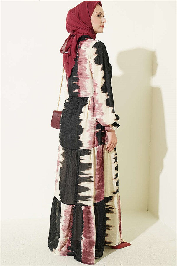 Patterned Dress with Neckline, Rose Pink