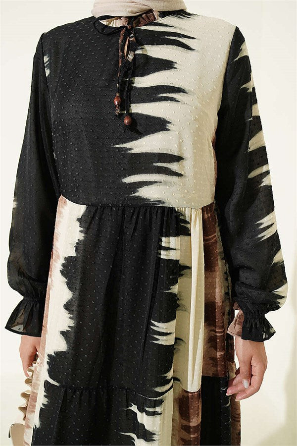 Neckline Tie Patterned Dress Coffee