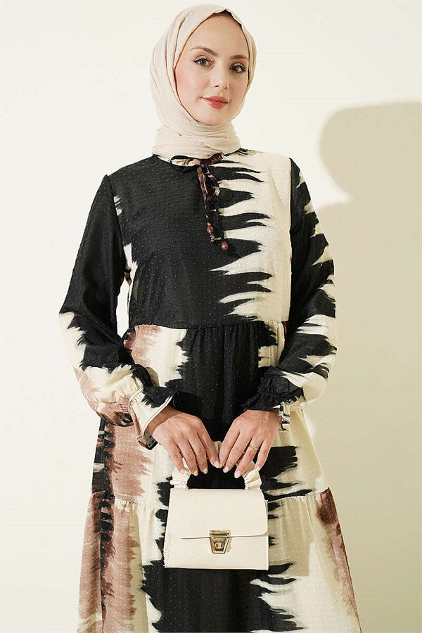Neckline Tie Patterned Dress Coffee