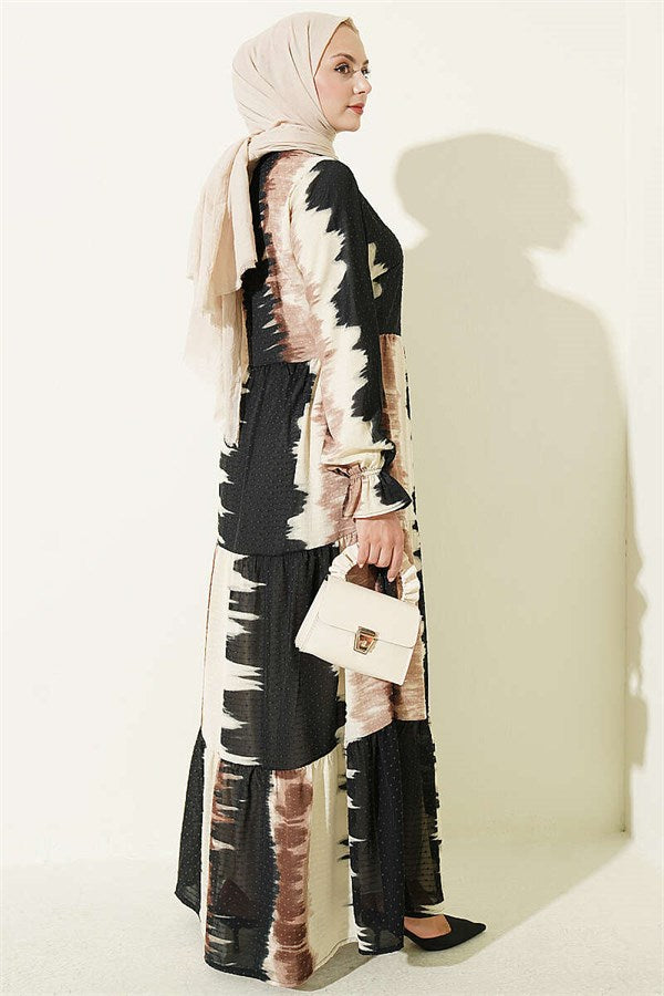 Neckline Tie Patterned Dress Coffee