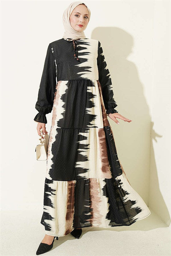 Neckline Tie Patterned Dress Coffee