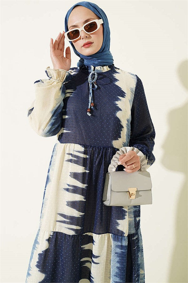 Navy Blue Patterned Dress with Neckline Tie