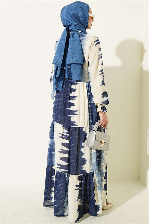 Navy Blue Patterned Dress with Neckline Tie