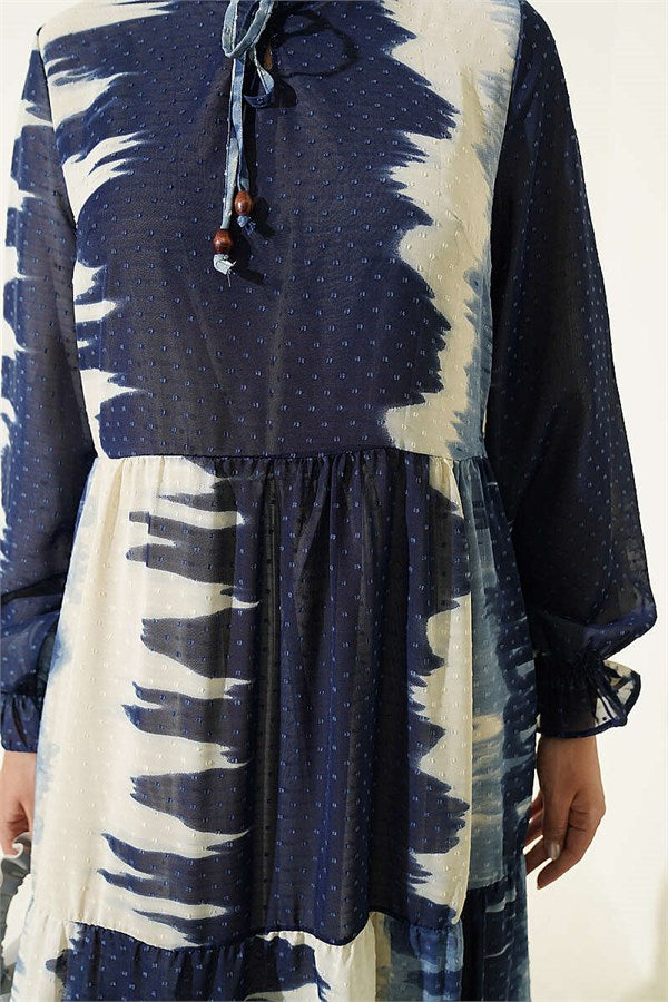 Navy Blue Patterned Dress with Neckline Tie