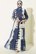 Navy Blue Patterned Dress with Neckline Tie