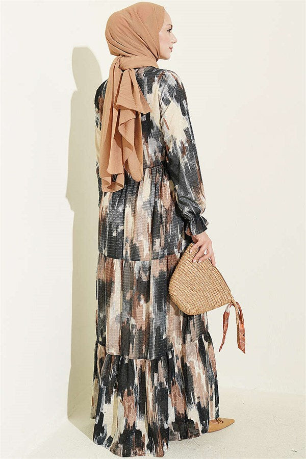 Patterned Dress with Neckline, Mink
