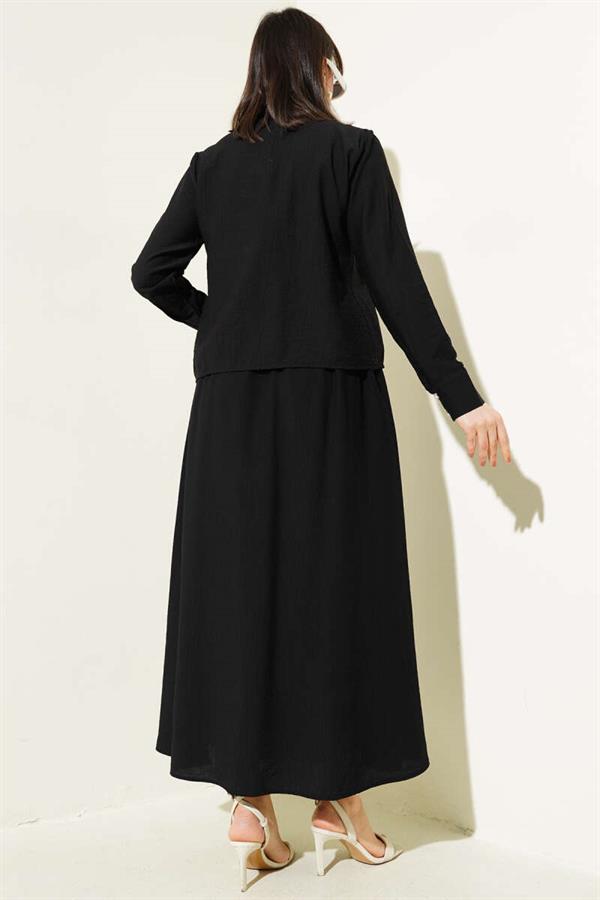 Tied Collar Buttoned Skirted 2 Piece Set Black
