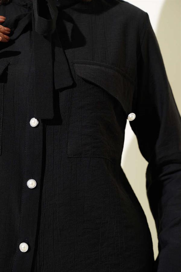 Tied Collar Buttoned Skirted 2 Piece Set Black