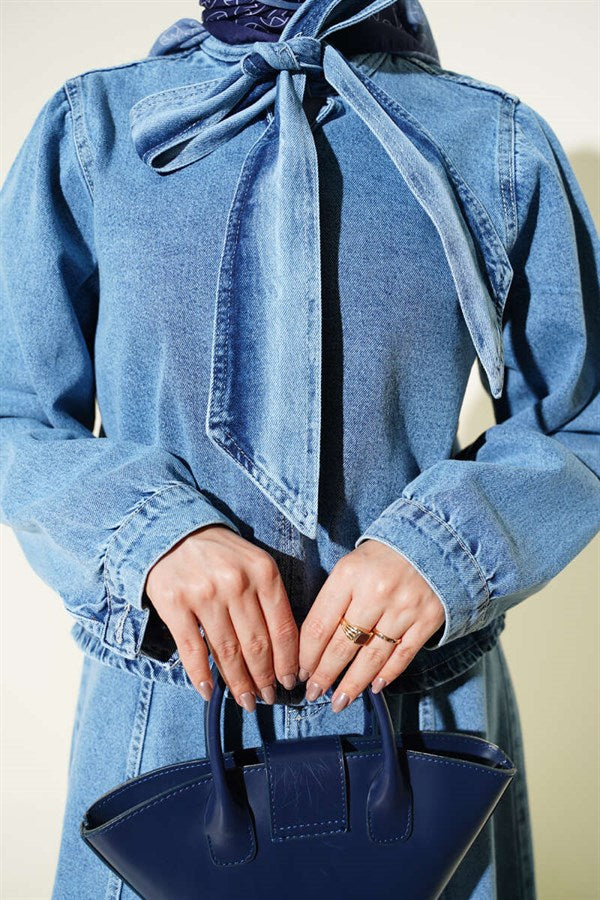 Denim 2 Piece Set with Neckline and Skirt, Denim Blue