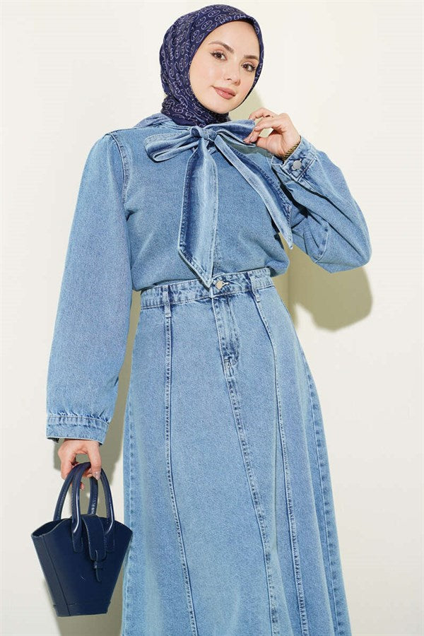 Denim 2 Piece Set with Neckline and Skirt, Denim Blue