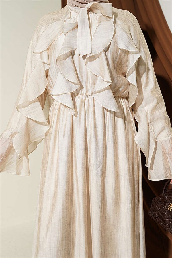 Beige Ruffled Dress with Neckline Tie