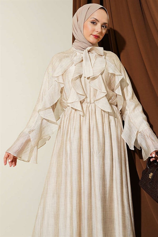 Beige Ruffled Dress with Neckline Tie