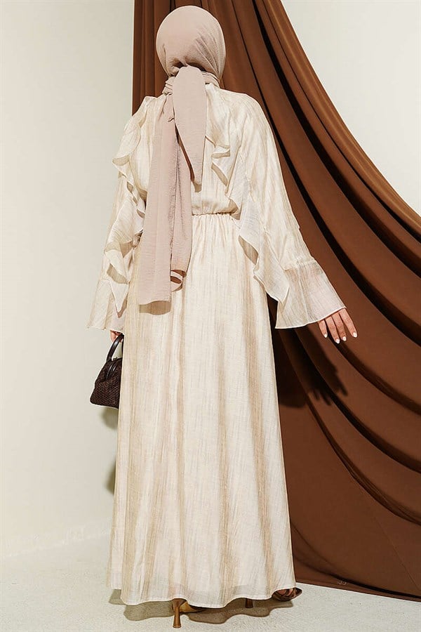 Beige Ruffled Dress with Neckline Tie