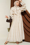 Beige Ruffled Dress with Neckline Tie