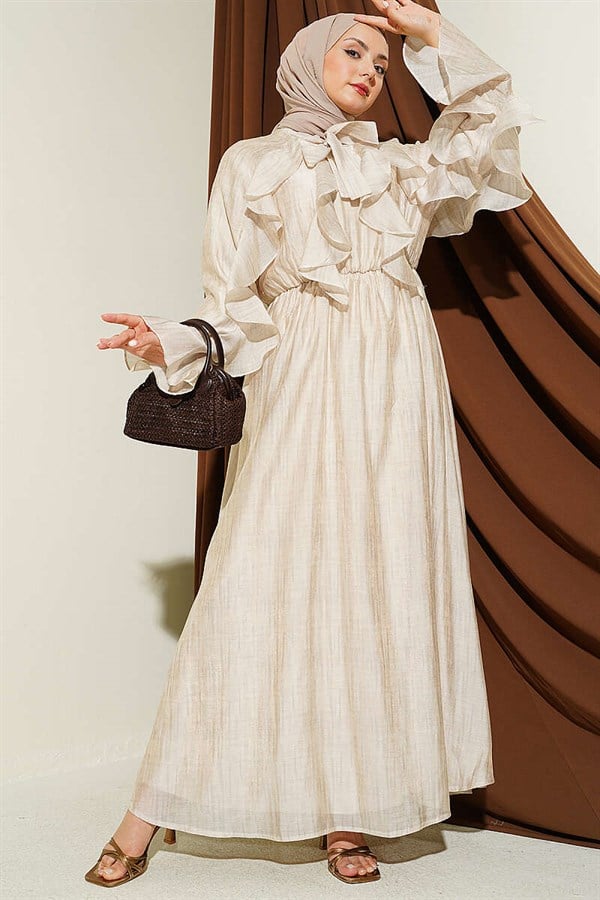 Beige Ruffled Dress with Neckline Tie