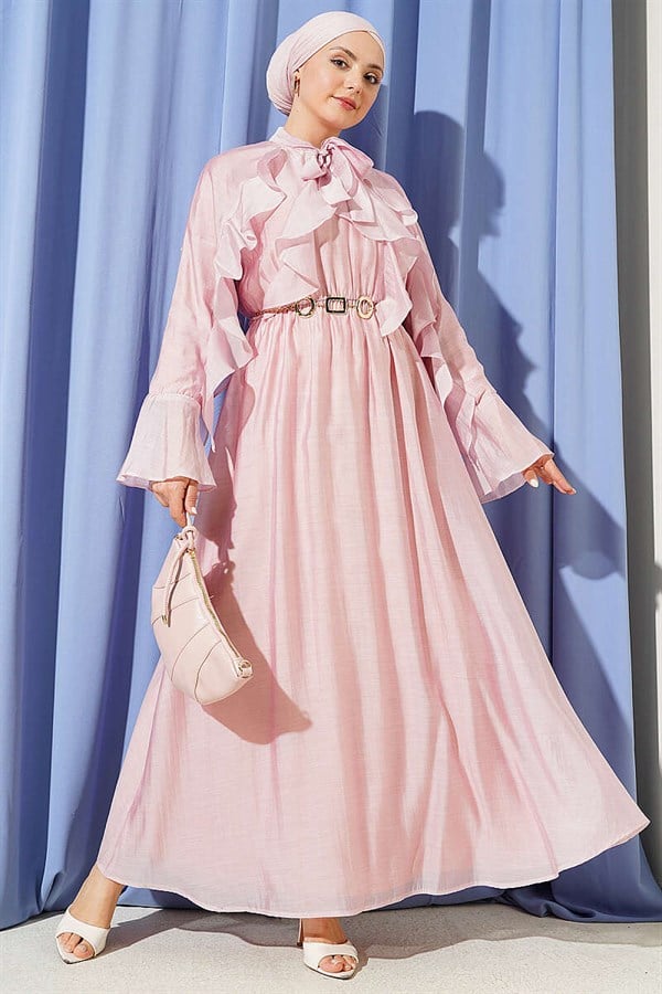 Pink Ruffled Dress with Neckline Tie
