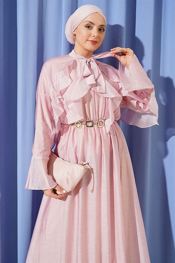 Pink Ruffled Dress with Neckline Tie