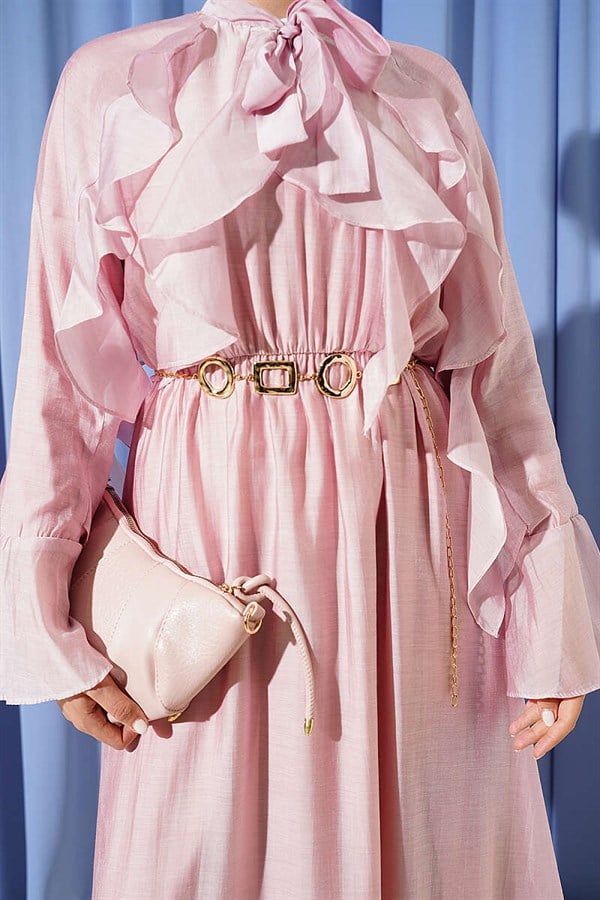 Pink Ruffled Dress with Neckline Tie
