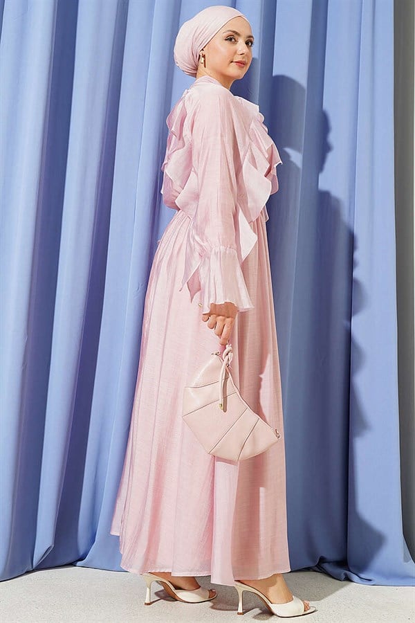 Pink Ruffled Dress with Neckline Tie