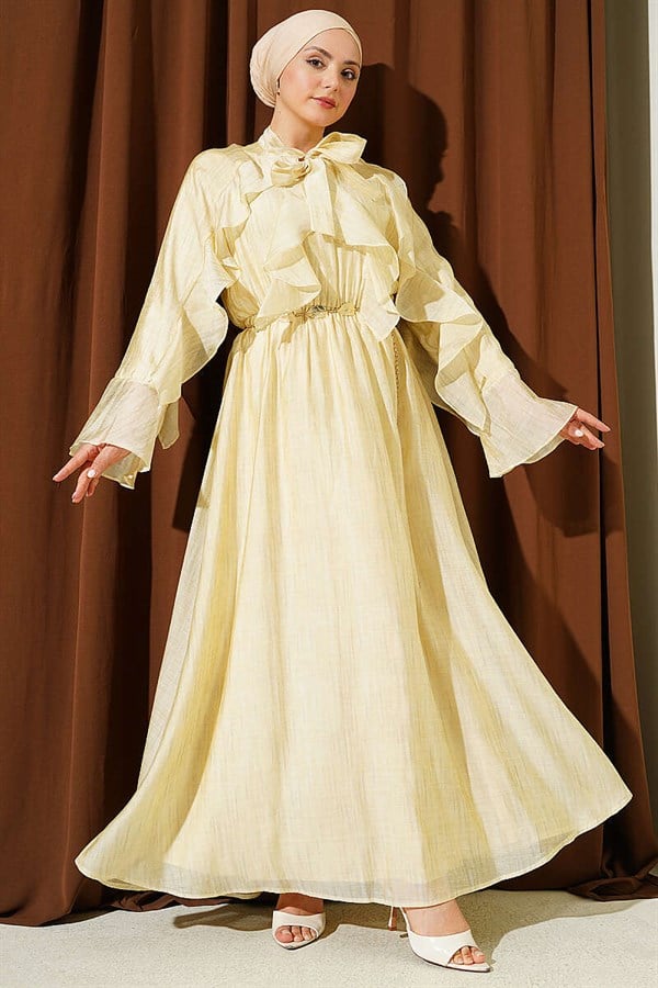 Yellow Ruffled Dress with Neckline Tie