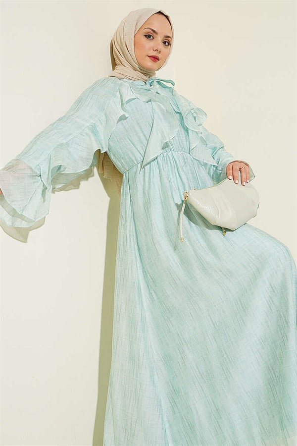 Turquoise Ruffled Dress with Neckline Tie