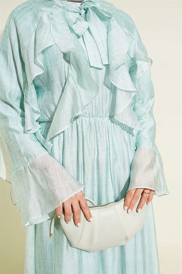 Turquoise Ruffled Dress with Neckline Tie