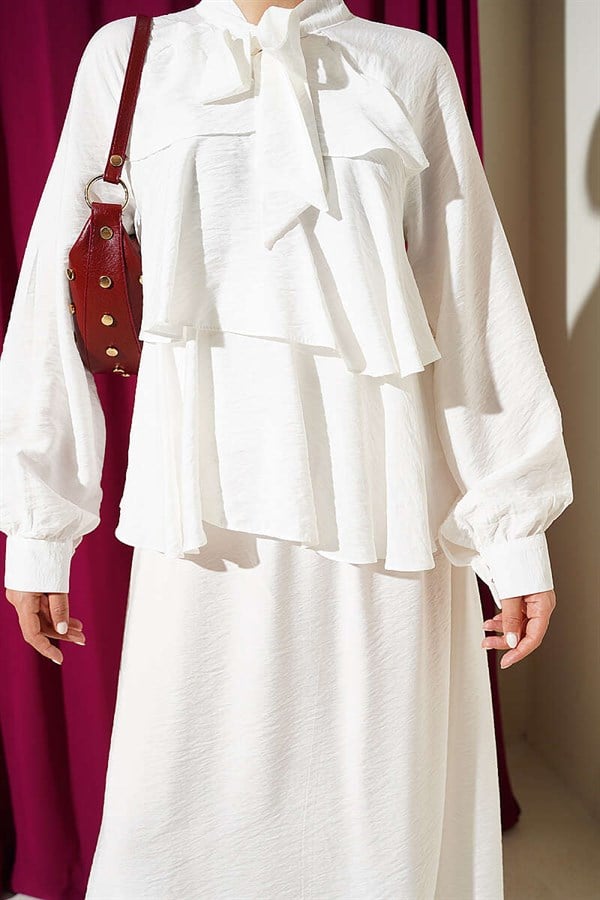 White Layered Skirt 2 Piece Set with Neckline Tie