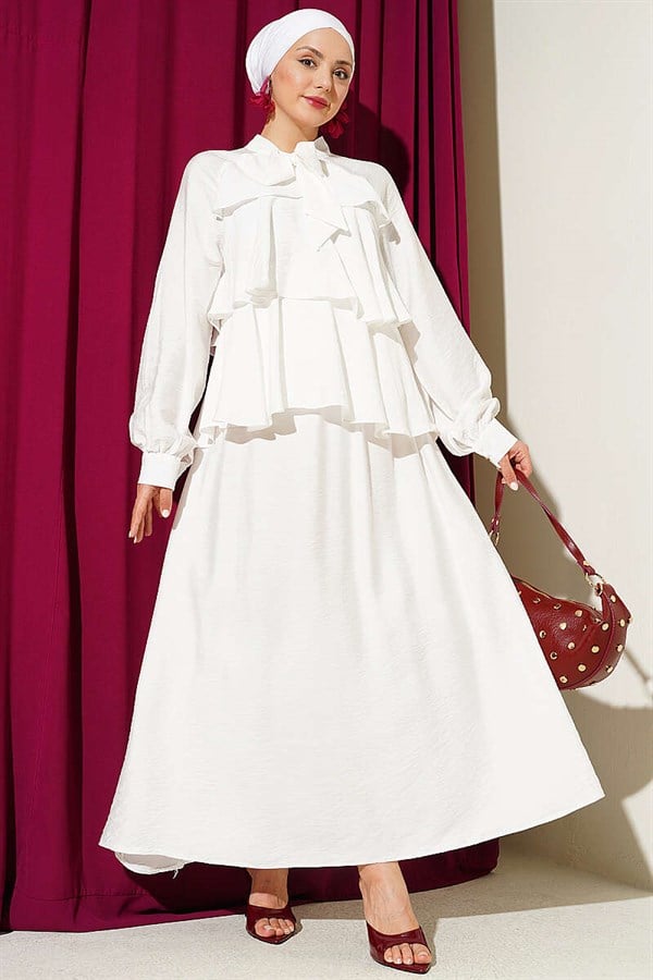 White Layered Skirt 2 Piece Set with Neckline Tie