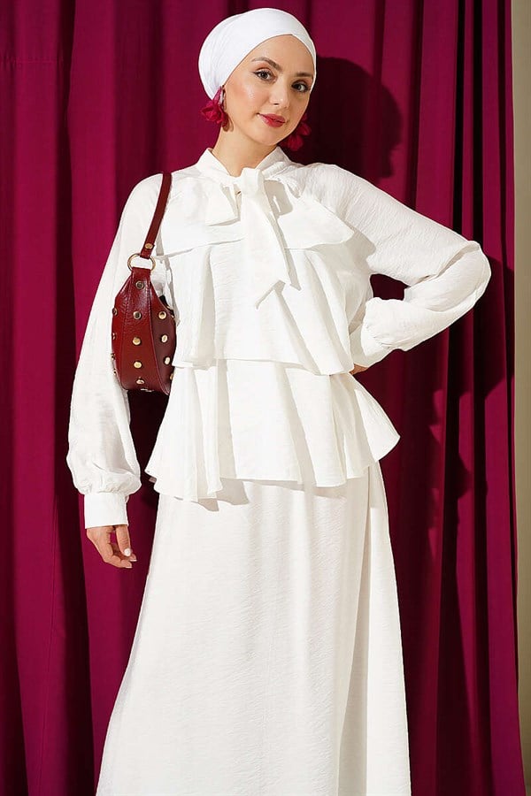 White Layered Skirt 2 Piece Set with Neckline Tie