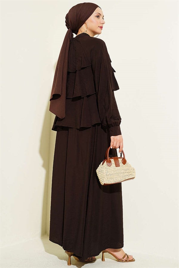 Layered Skirt 2 Piece Set with Neckline Tie, Coffee Brown