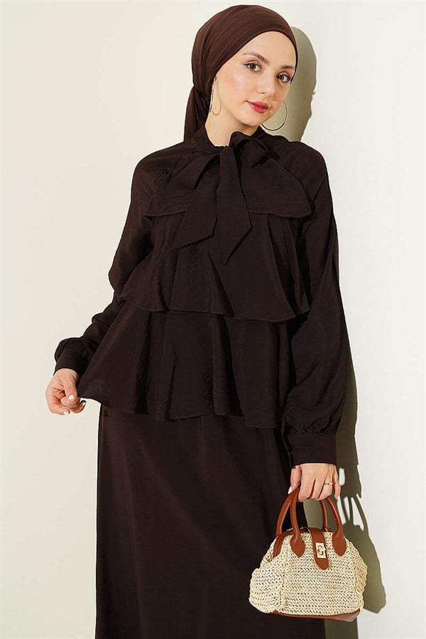 Layered Skirt 2 Piece Set with Neckline Tie, Coffee Brown