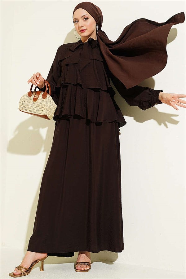 Layered Skirt 2 Piece Set with Neckline Tie, Coffee Brown