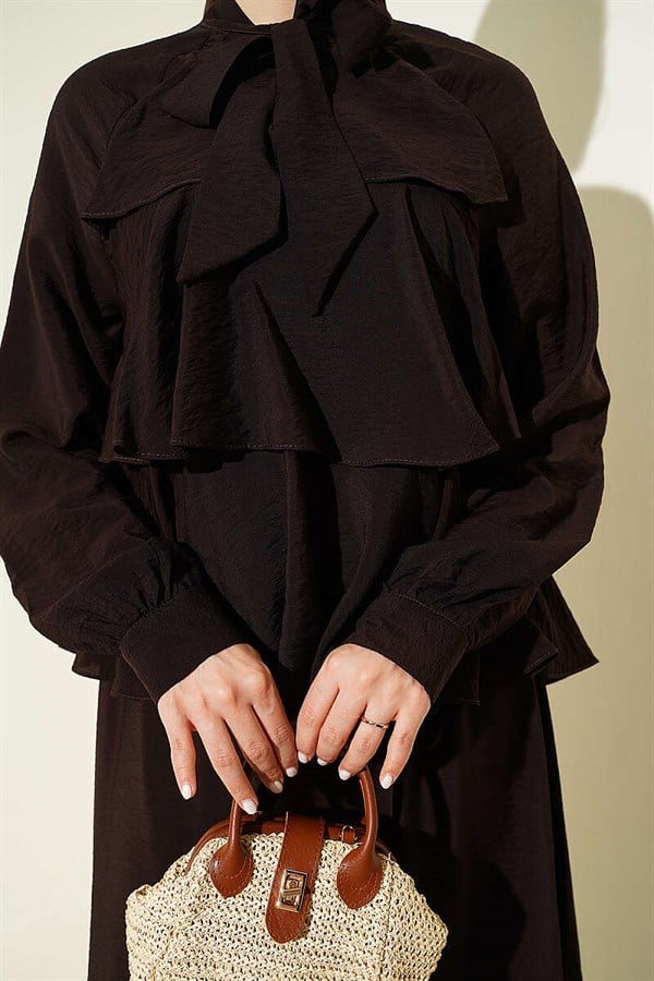 Layered Skirt 2 Piece Set with Neckline Tie, Coffee Brown