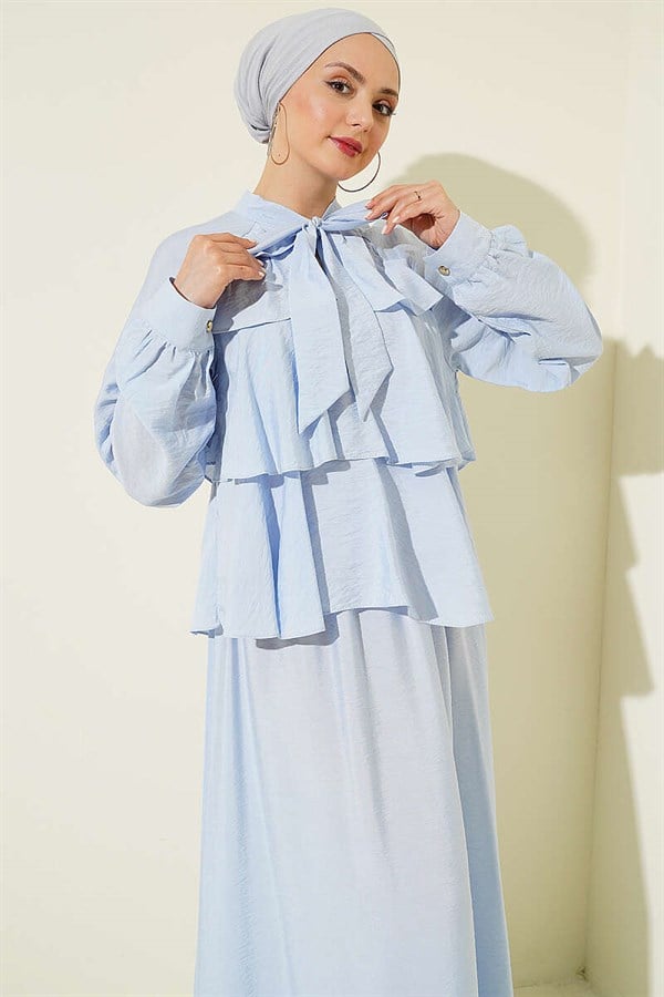 Layered Skirt 2 Piece Set with Neckline Tie, Blue