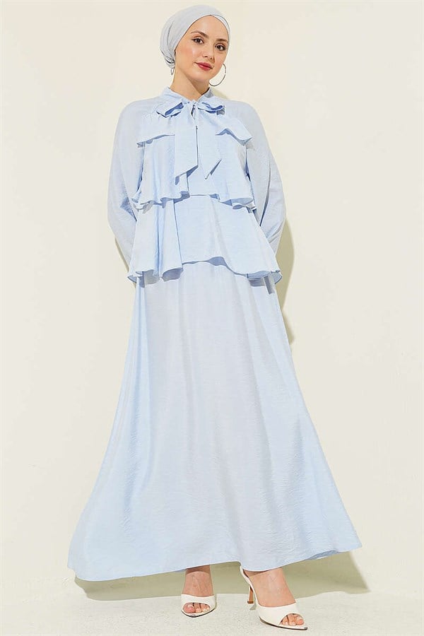 Layered Skirt 2 Piece Set with Neckline Tie, Blue