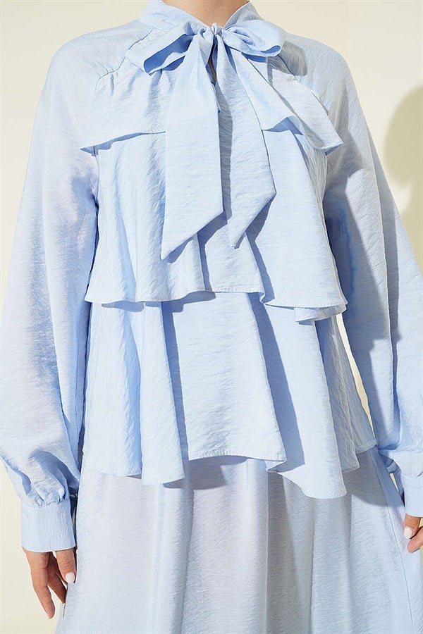 Layered Skirt 2 Piece Set with Neckline Tie, Blue