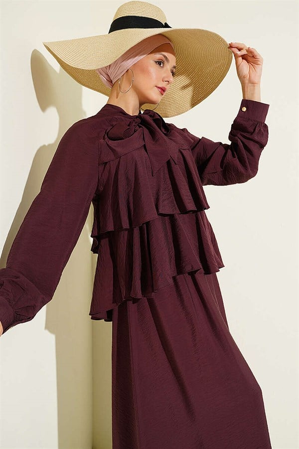 Layered Skirt 2 Piece Set with Neckline Tie, Plum
