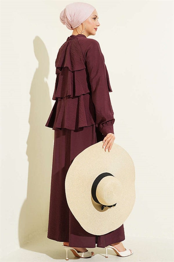 Layered Skirt 2 Piece Set with Neckline Tie, Plum