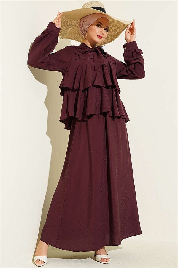 Layered Skirt 2 Piece Set with Neckline Tie, Plum