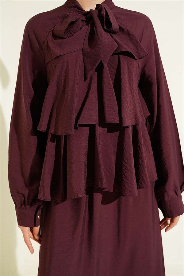 Layered Skirt 2 Piece Set with Neckline Tie, Plum