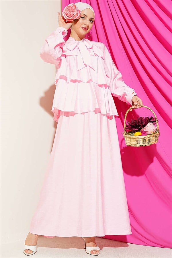 Pink Layered Skirt 2 Piece Set with Neckline Tie