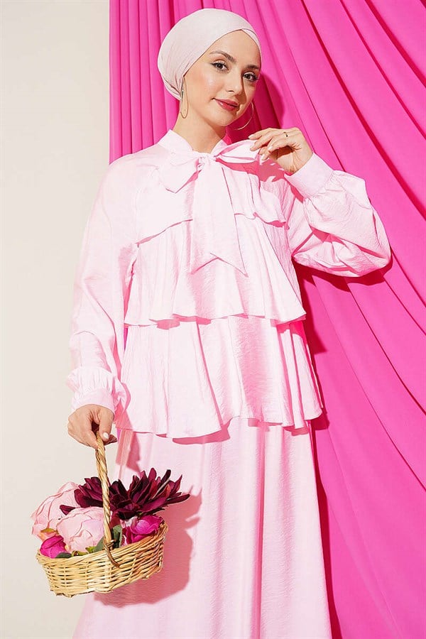 Pink Layered Skirt 2 Piece Set with Neckline Tie