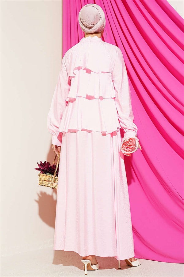 Pink Layered Skirt 2 Piece Set with Neckline Tie