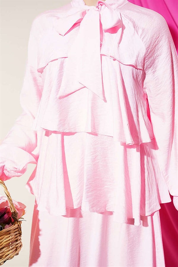 Pink Layered Skirt 2 Piece Set with Neckline Tie